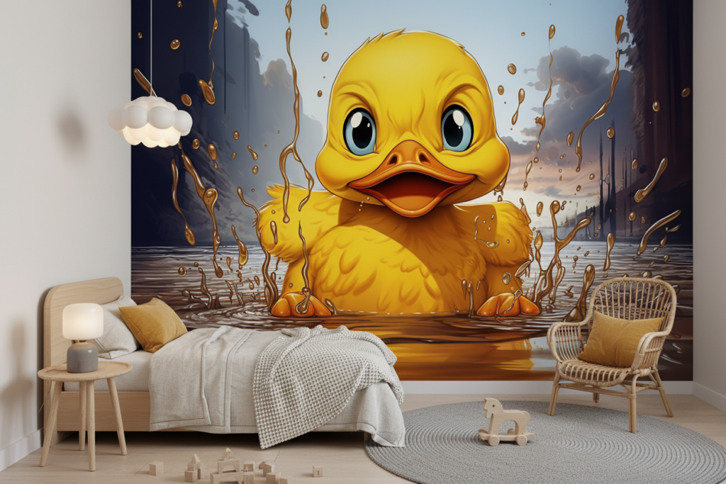 Papier peint caneton jaune éclaboussures d'eau ambiance ludique et colorée - Chambre enfant