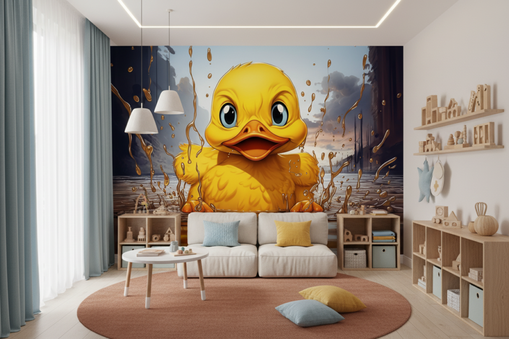 Papier peint caneton jaune éclaboussures d'eau ambiance ludique et colorée - Espace enfant (pro)