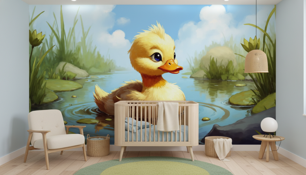 Papier peint caneton mignon dans étang naturel avec nénuphars - Chambre bébé