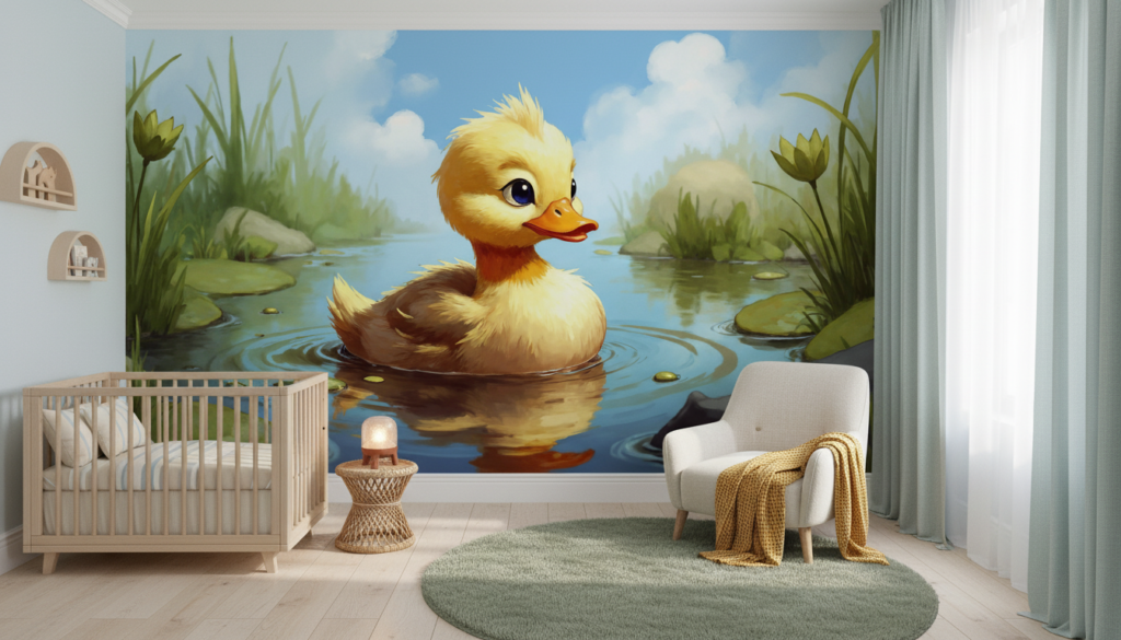 Papier peint caneton mignon dans étang naturel avec nénuphars - Chambre enfant