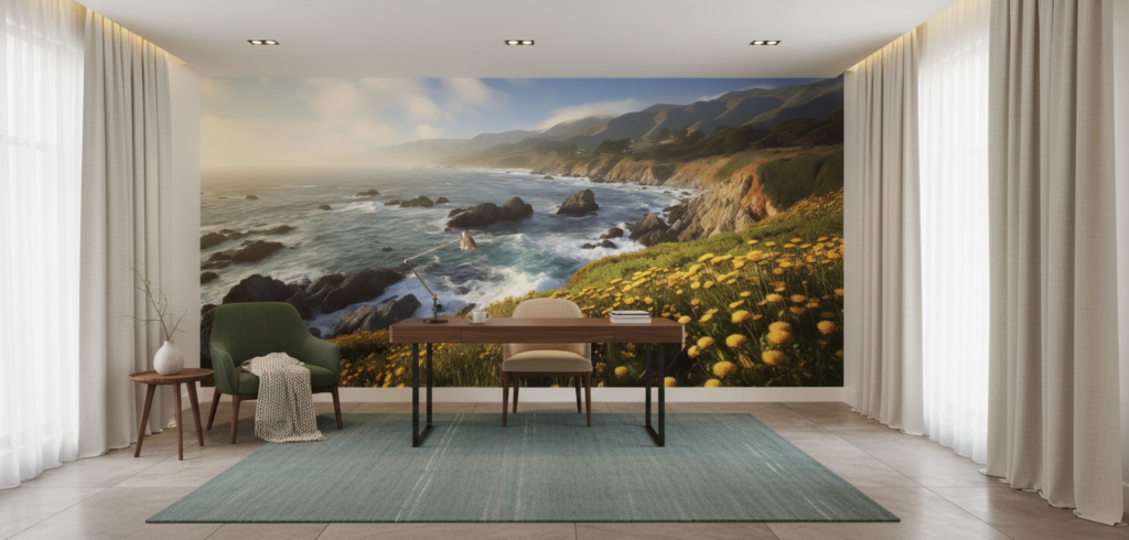 Papier peint côte sauvage avec falaises dorées et fleurs jaunes - Bureau