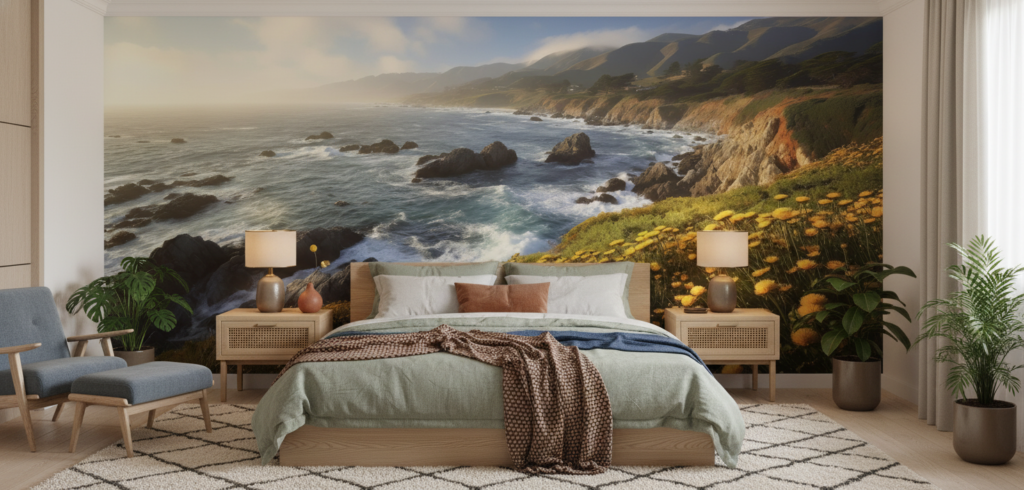 Papier peint côte sauvage avec falaises dorées et fleurs jaunes - Chambre adulte