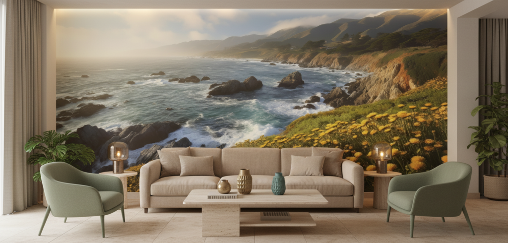 Papier peint côte sauvage avec falaises dorées et fleurs jaunes - Hôtel