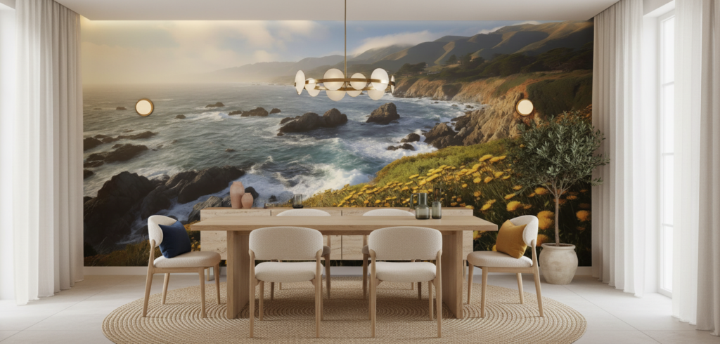 Papier peint côte sauvage avec falaises dorées et fleurs jaunes - Salle à manger