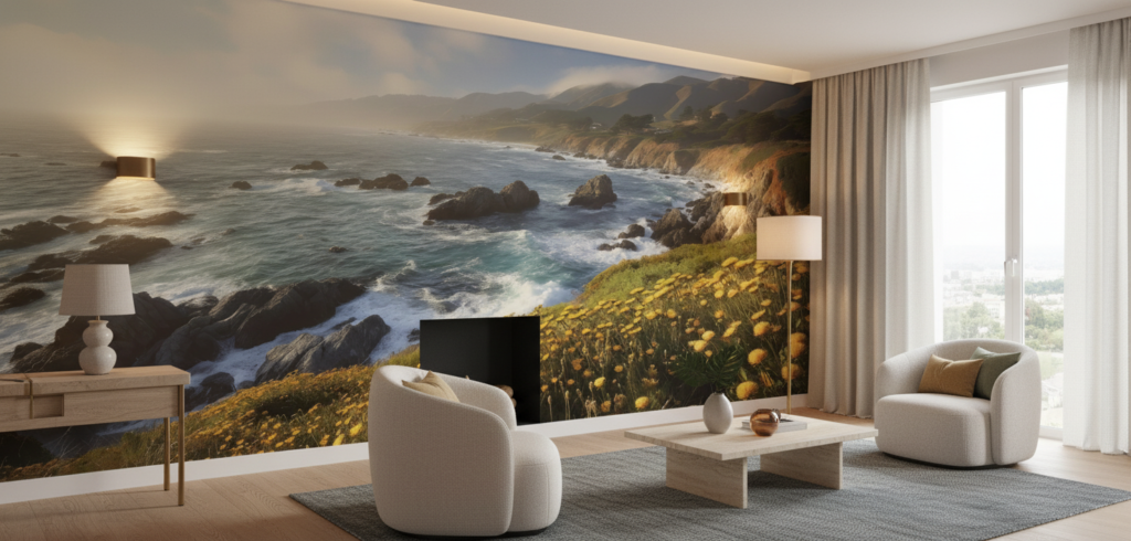 Papier peint côte sauvage avec falaises dorées et fleurs jaunes - Salon / Séjour