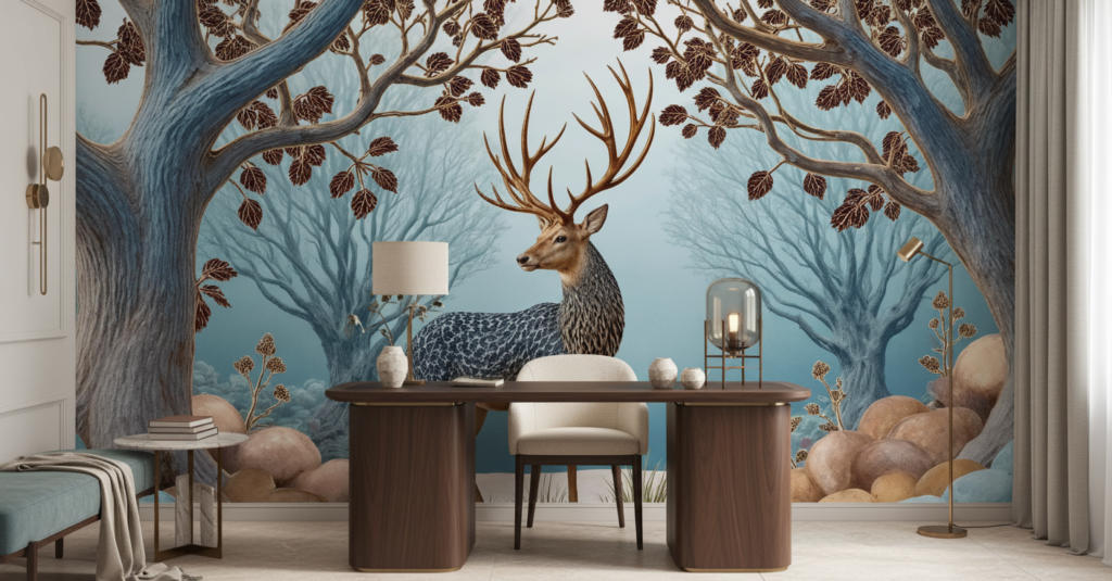 Papier Peint Cerf Majestueux dans Forêt Enchantée Tons Bleus - Bureau