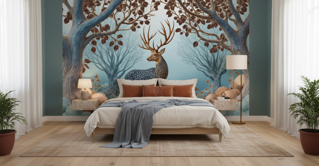 Papier Peint Cerf Majestueux dans Forêt Enchantée Tons Bleus - Chambre adulte