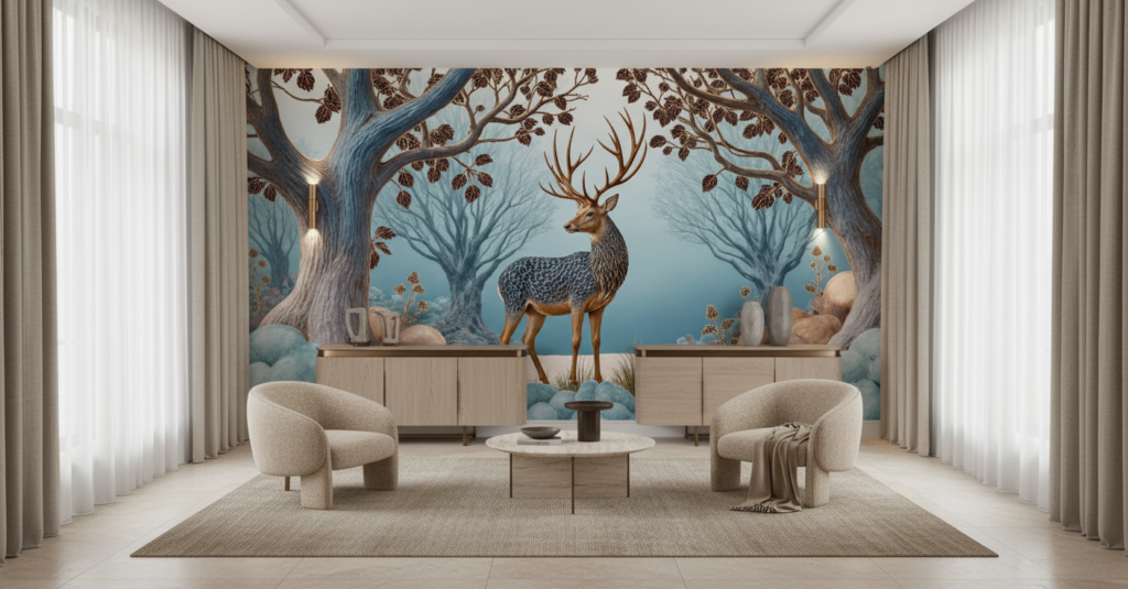 Papier Peint Cerf Majestueux dans Forêt Enchantée Tons Bleus - Hôtel