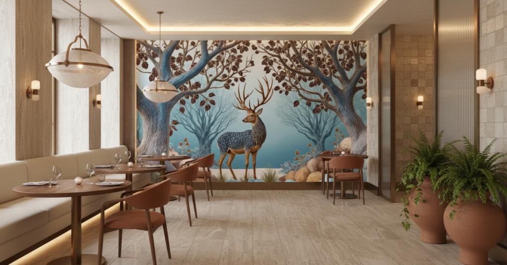 Papier Peint Cerf Majestueux dans Forêt Enchantée Tons Bleus - Restaurant