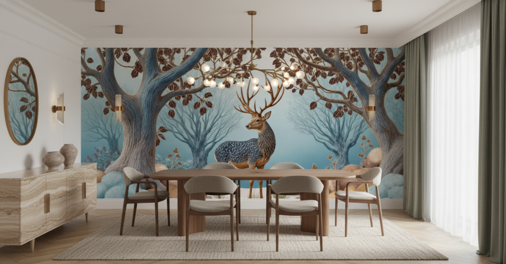 Papier Peint Cerf Majestueux dans Forêt Enchantée Tons Bleus - Salle à manger