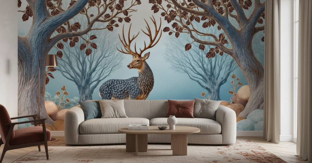 Papier Peint Cerf Majestueux dans Forêt Enchantée Tons Bleus - Salon / Séjour