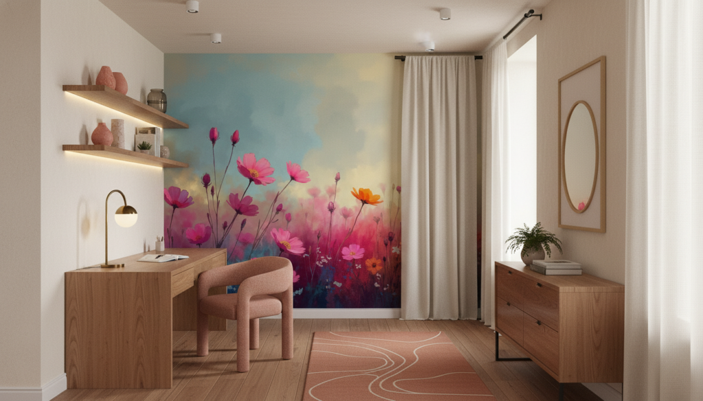 Papier Peint Champ de Cosmos Roses et Oranges Artistique - Bureau