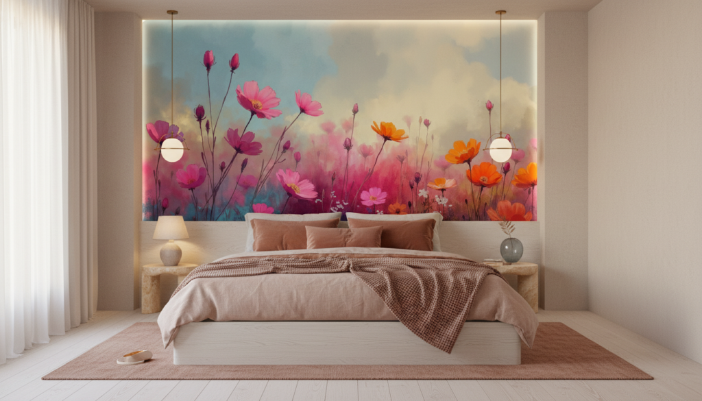 Papier Peint Champ de Cosmos Roses et Oranges Artistique - Chambre adulte
