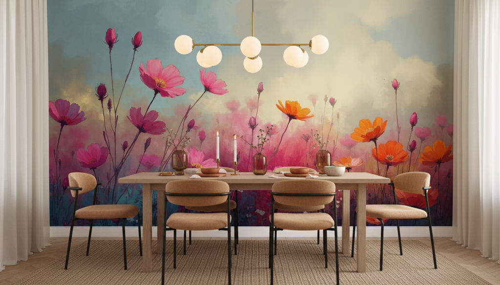 Papier Peint Champ de Cosmos Roses et Oranges Artistique - Salle à manger