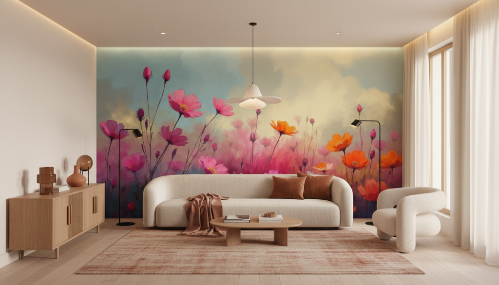 Papier Peint Champ de Cosmos Roses et Oranges Artistique - Salon / Séjour