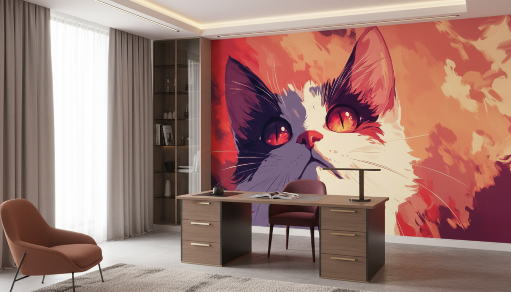 Papier peint chat artistique aux yeux flamboyants style anime moderne - Bureau