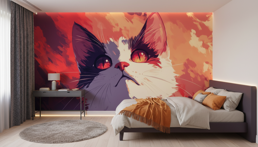 Papier peint chat artistique aux yeux flamboyants style anime moderne - Chambre ado