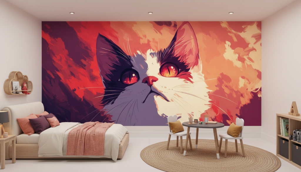 Papier peint chat artistique aux yeux flamboyants style anime moderne - Chambre enfant