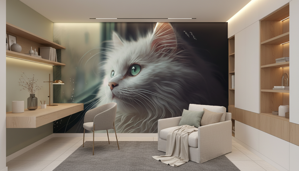 Papier peint chat blanc aux yeux verts regard mystérieux - Bureau