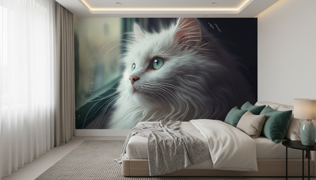 Papier peint chat blanc aux yeux verts regard mystérieux - Chambre ado