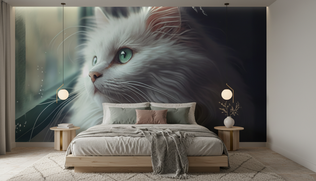 Papier peint chat blanc aux yeux verts regard mystérieux - Chambre adulte