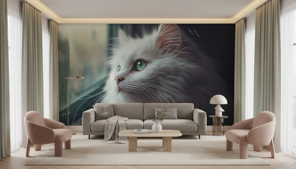 Papier peint chat blanc aux yeux verts regard mystérieux - Salon / Séjour