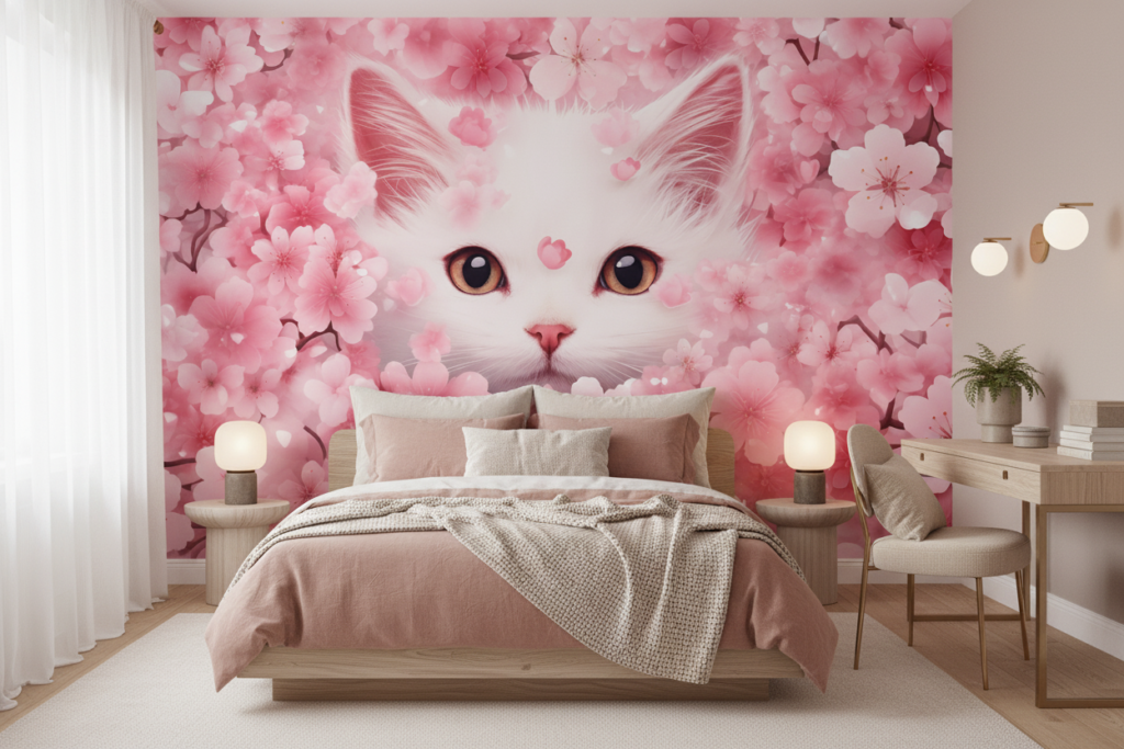 Papier peint chat blanc dans jardin de fleurs roses - Chambre ado