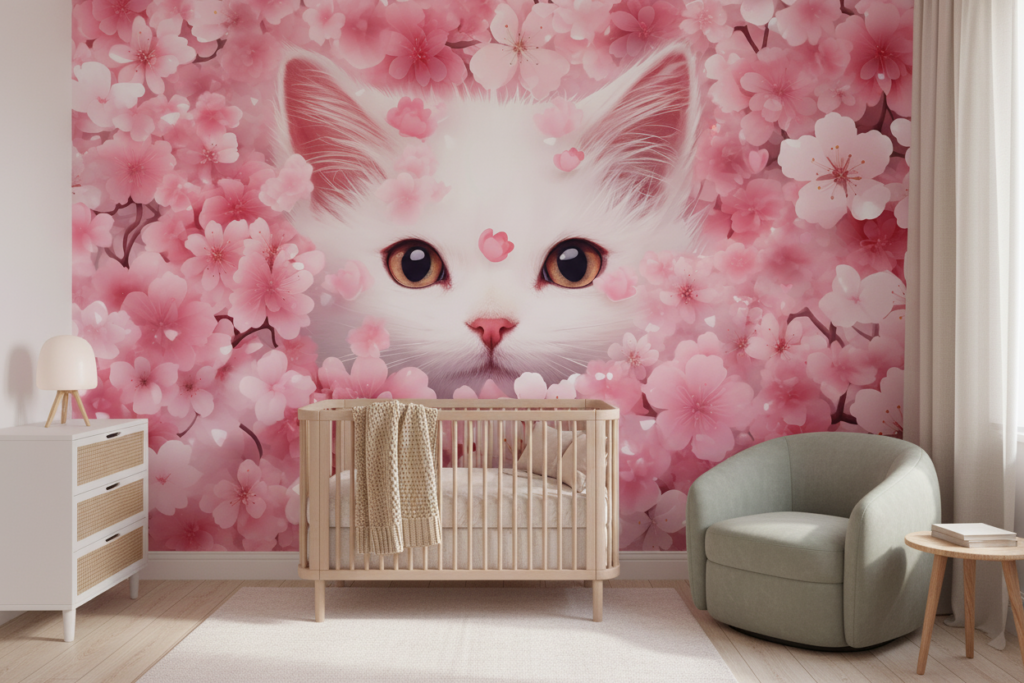 Papier peint chat blanc dans jardin de fleurs roses - Chambre bébé