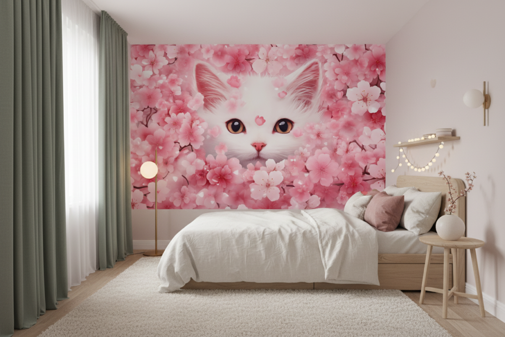 Papier peint chat blanc dans jardin de fleurs roses - Chambre enfant