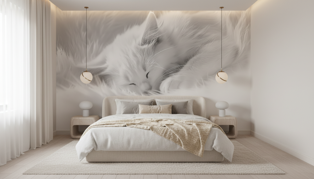 Papier Peint Chat Blanc Endormi Texture Douce Monochrome - Chambre adulte