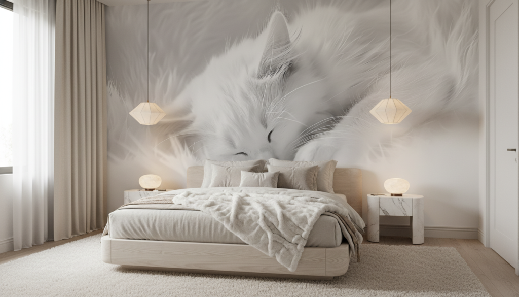 Papier Peint Chat Blanc Endormi Texture Douce Monochrome - Chambre adulte