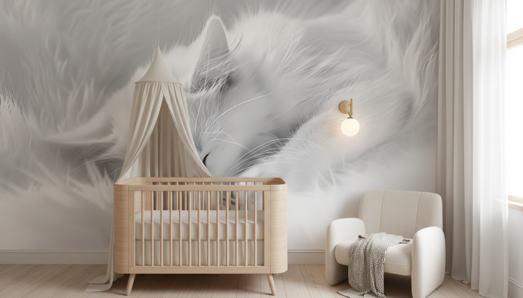 Papier Peint Chat Blanc Endormi Texture Douce Monochrome - Chambre bébé