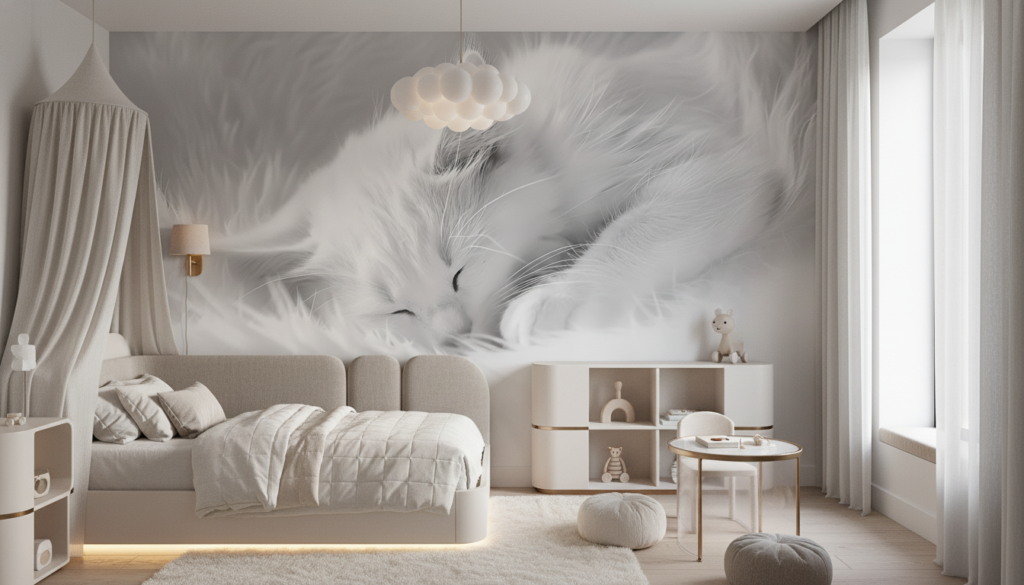 Papier Peint Chat Blanc Endormi Texture Douce Monochrome - Chambre enfant
