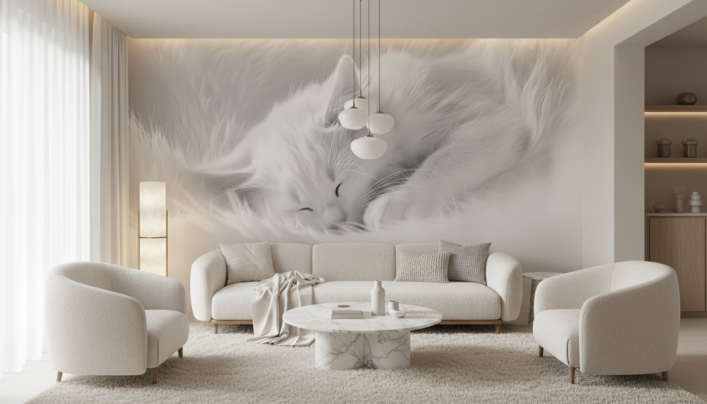 Papier Peint Chat Blanc Endormi Texture Douce Monochrome - Salon / Séjour