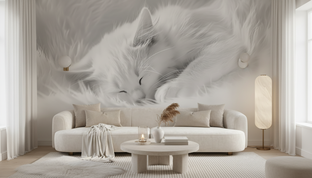 Papier Peint Chat Blanc Endormi Texture Douce Monochrome - Salon / Séjour