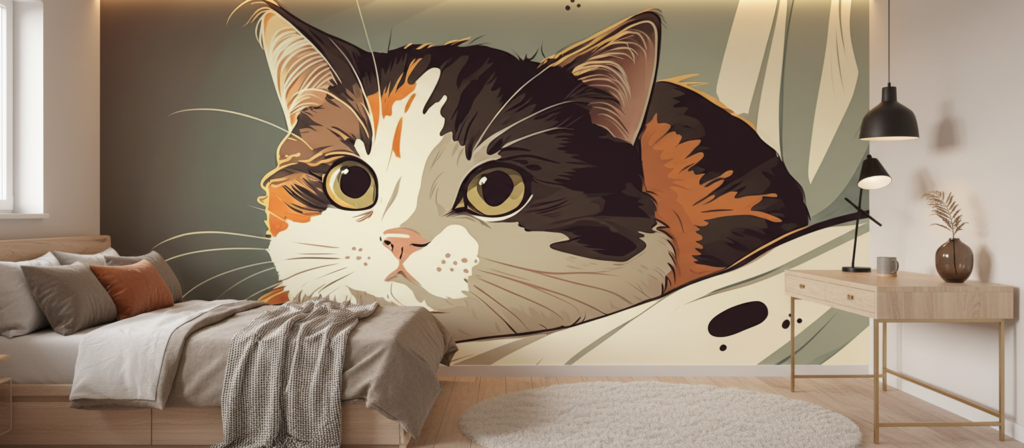 Papier peint chat mignon aux tons chauds style illustration moderne - Chambre ado