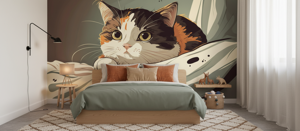 Papier peint chat mignon aux tons chauds style illustration moderne - Chambre enfant