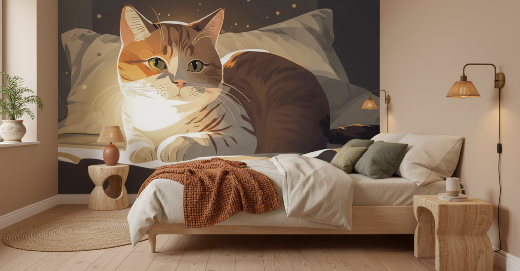 Papier Peint Chat Roux Couché sur Lit Cocooning - Chambre ado