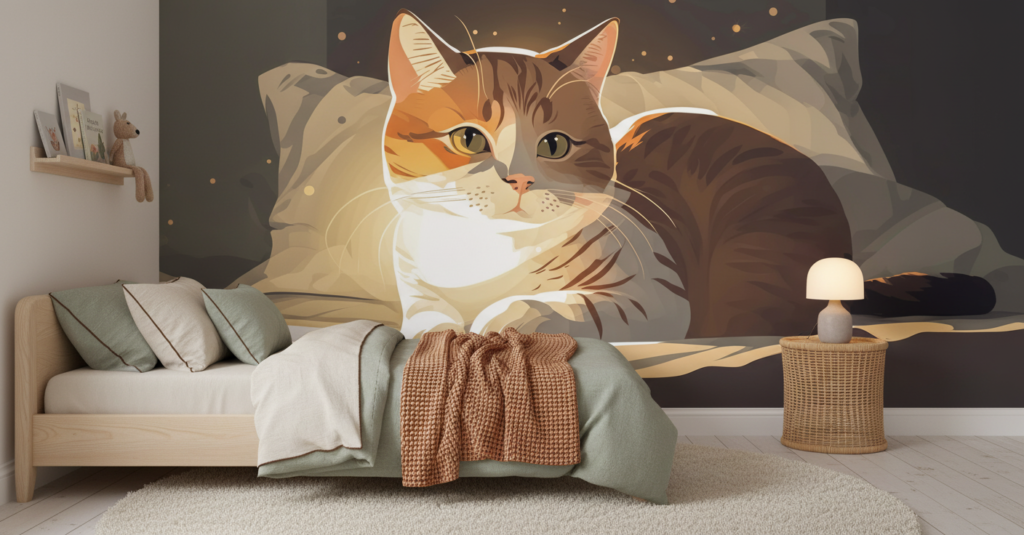 Papier Peint Chat Roux Couché sur Lit Cocooning - Chambre enfant