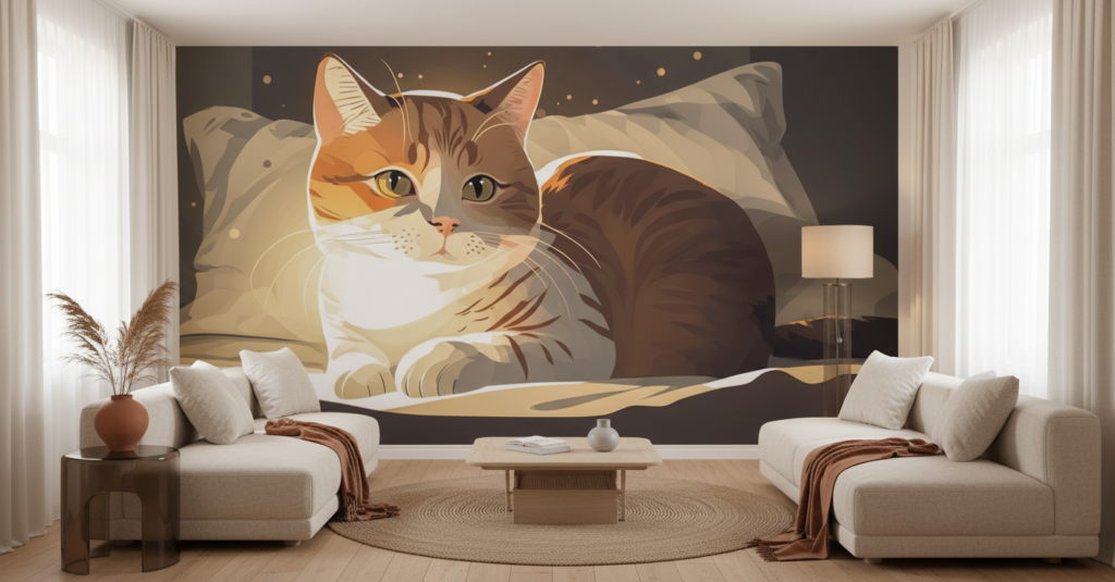 Papier Peint Chat Roux Couché sur Lit Cocooning - Salon / Séjour