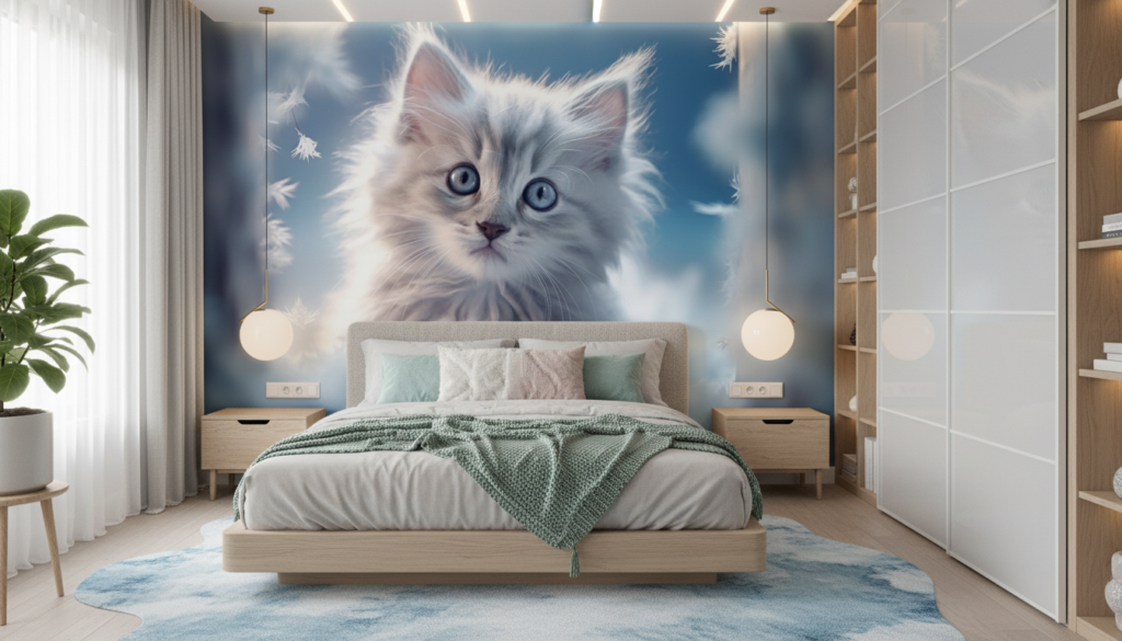 Papier peint chaton aux yeux bleus dans nuages blancs - Chambre ado
