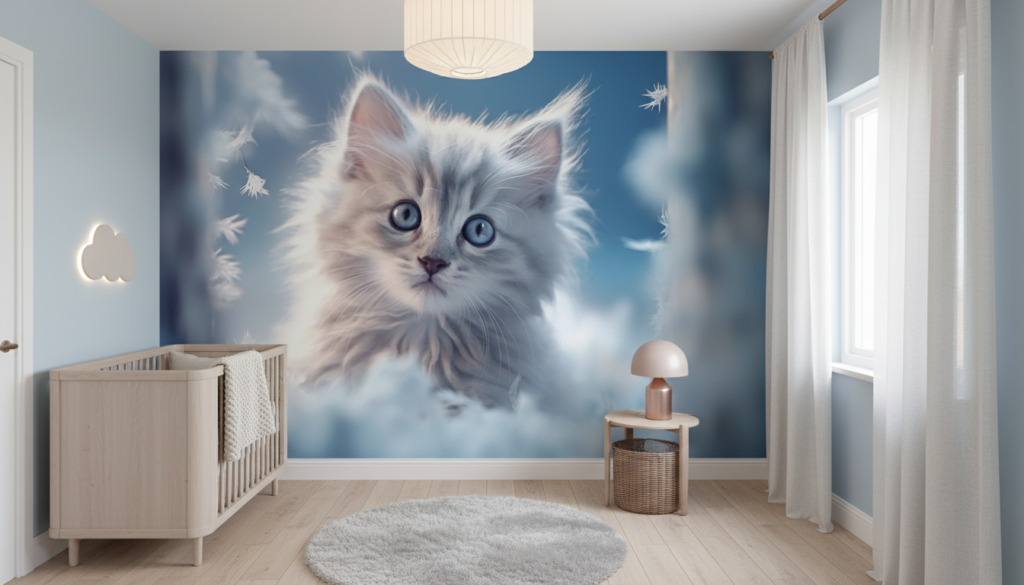 Papier peint chaton aux yeux bleus dans nuages blancs - Chambre bébé
