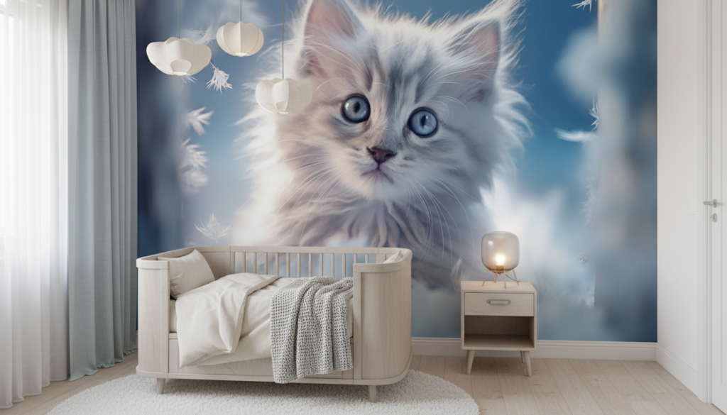 Papier peint chaton aux yeux bleus dans nuages blancs - Chambre enfant
