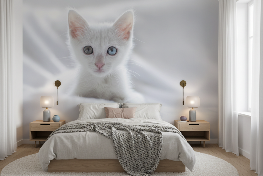 Papier Peint Chaton Blanc aux Yeux Bleus sur Textile Doux - Chambre adulte