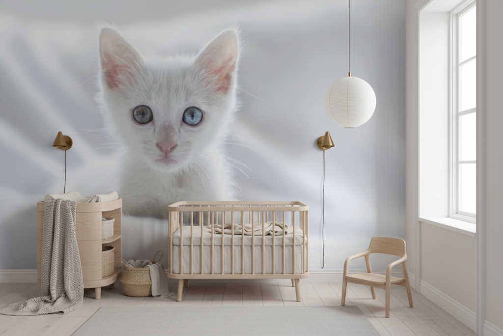 Papier Peint Chaton Blanc aux Yeux Bleus sur Textile Doux - Chambre bébé