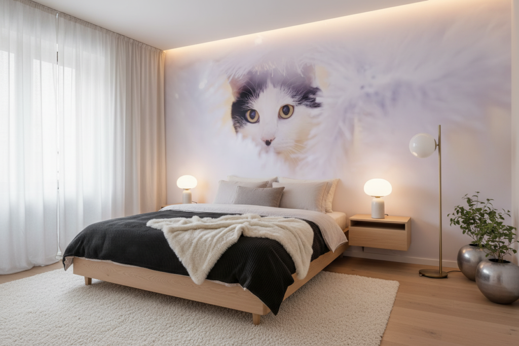 Papier peint chaton blanc aux yeux dorés sur fond pastel - Chambre adulte