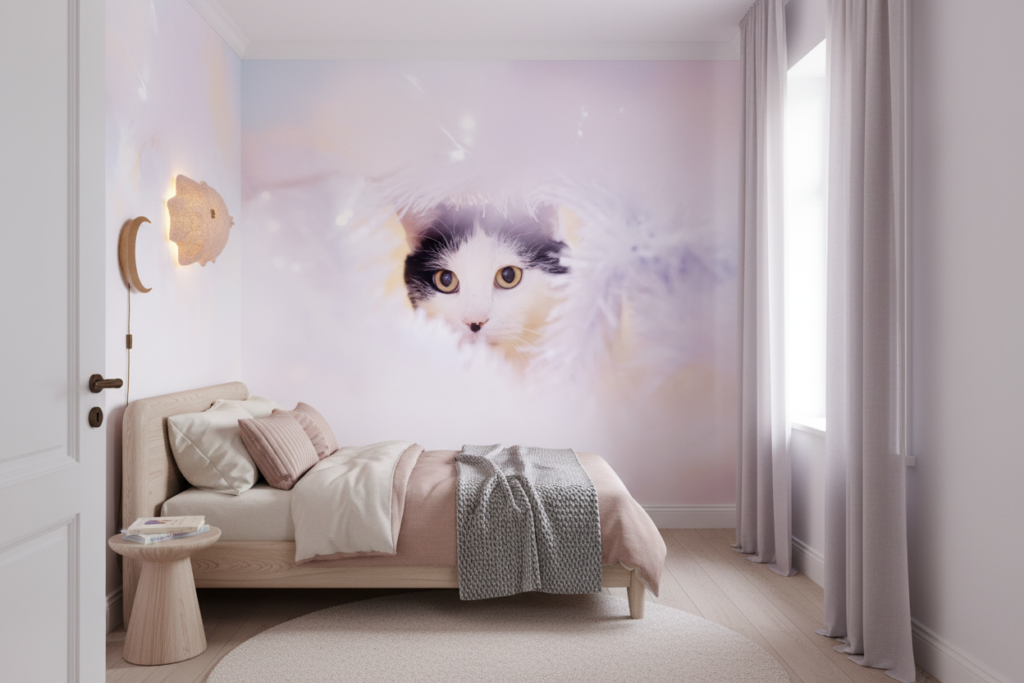 Papier peint chaton blanc aux yeux dorés sur fond pastel - Chambre enfant