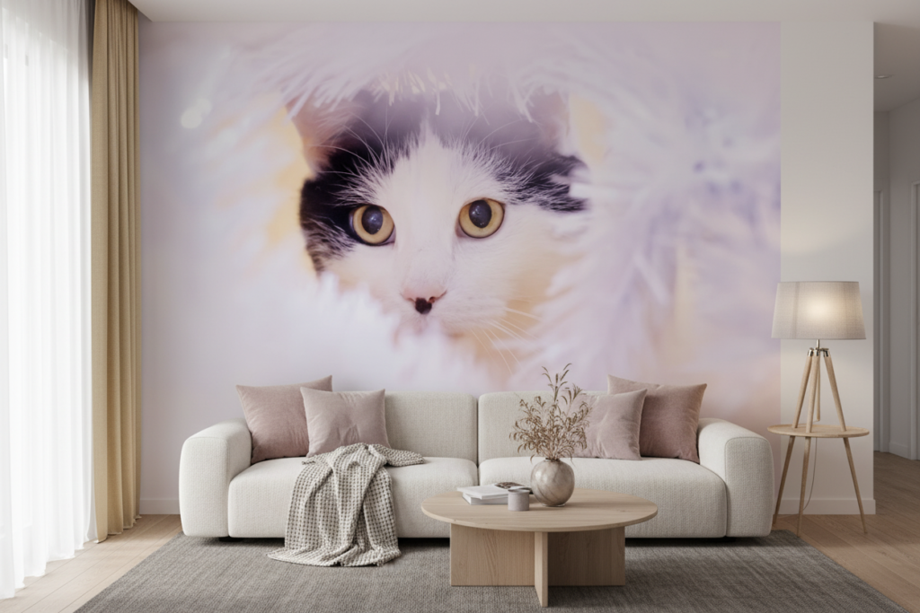 Papier peint chaton blanc aux yeux dorés sur fond pastel - Salon / Séjour