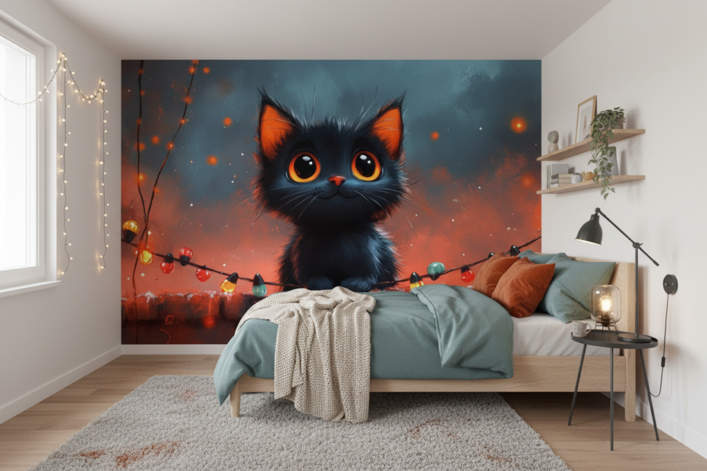 Papier peint chaton noir aux yeux orange guirlandes lumineuses - Chambre ado