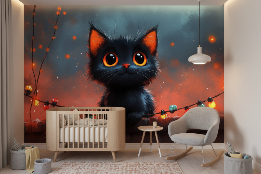 Papier peint chaton noir aux yeux orange guirlandes lumineuses - Chambre bébé